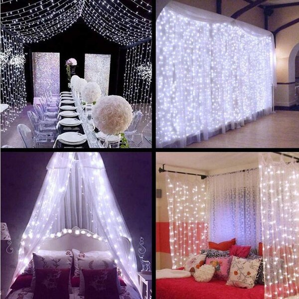 Instalatie luminoasa tip perdea, 3x3 m, 300 LED-uri alb rece, conectare USB, telecomanda, controler