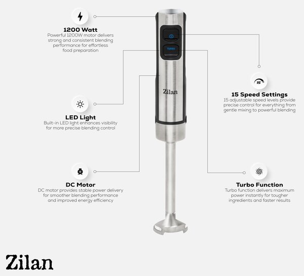 Mixer vertical ZİLAN ZLN3994, 1200W, 15 viteze, functie Turbo, İnox