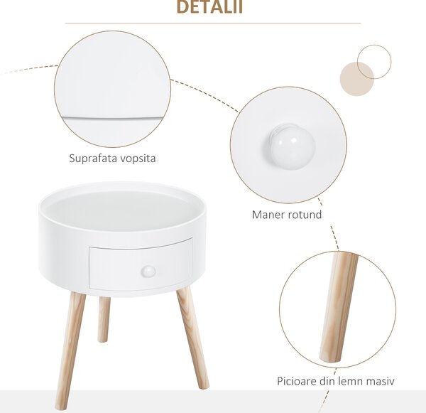 HOMCOM Masa de Salon Moderna cu Sertar in Lemn, Alb, Ф38x45cm | Aosom Romania