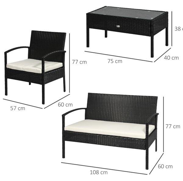 Outsunny Set Mobilier de Grădină din Ratan Negru 4 Piese cu Perne Confortabile 108x60x77cm Ideal pentru Terasă și Spații Exterioare | Aosom Romania
