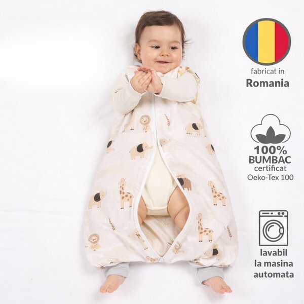 Sac de dormit de vara cu picioare 6-18 luni Kidizi Safari Beige 0.5 tog, mansete transformabile in soseta