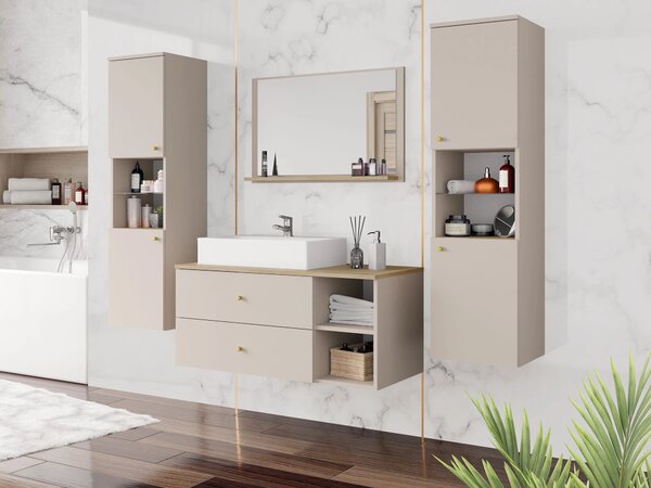 Cabinet de baie suspendat Salus, Stejar Cremona, Cașmir, PAL laminat, 133x35x34cm, 23 kg
