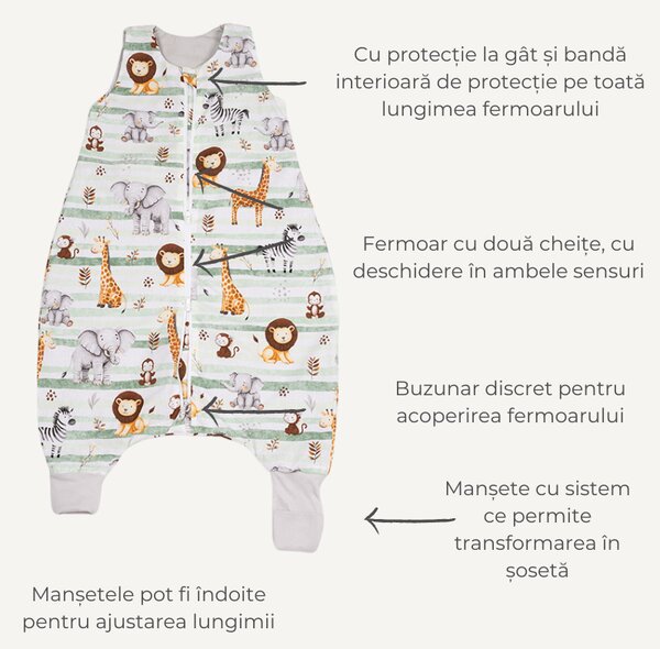 Sac de dormit cu picioare de vara pentru copii 18-36 luni Kidizi Safari Green 0.5 tog, mansete transformabile in soseta