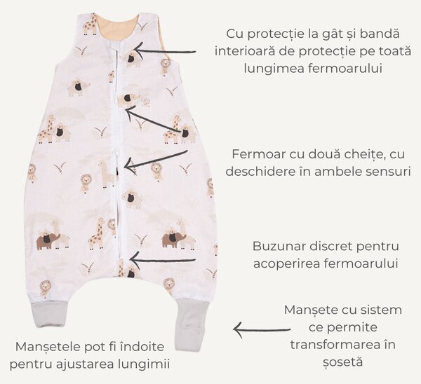 Sac de dormit cu picioare de vara pentru copii 18-36 luni Kidizi Safari Beige 0.5 tog, mansete transformabile in soseta