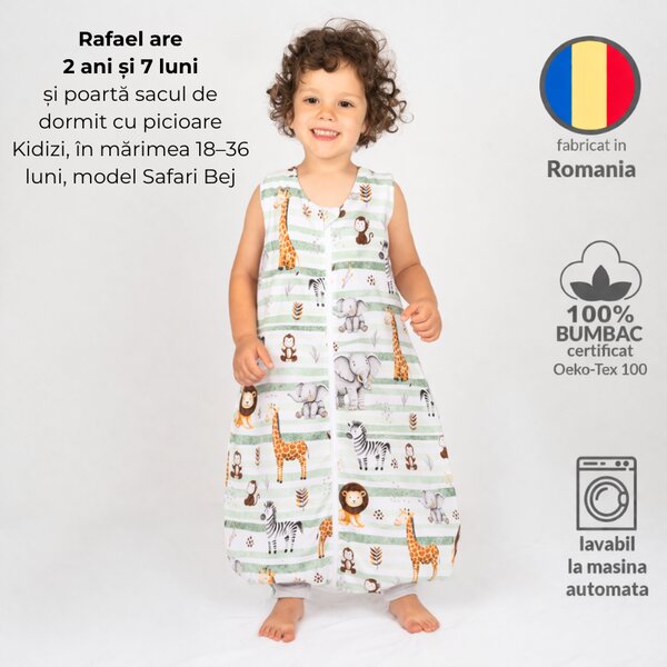 Sac de dormit cu picioare de vara pentru copii 18-36 luni Kidizi Safari Green 0.5 tog, mansete transformabile in soseta