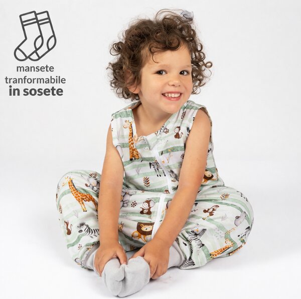 Sac de dormit cu picioare de vara pentru copii 18-36 luni Kidizi Safari Green 0.5 tog, mansete transformabile in soseta