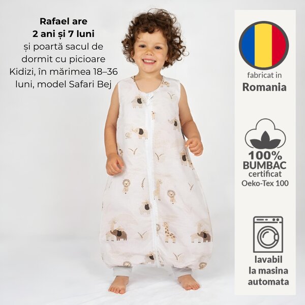 Sac de dormit cu picioare de vara pentru copii 18-36 luni Kidizi Safari Beige 0.5 tog, mansete transformabile in soseta