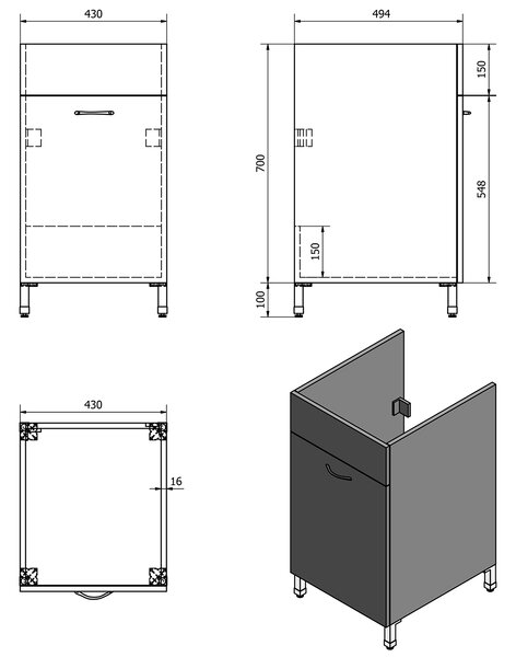 Aqualine Aqualine, Dulap chiuveta 43x70x47,8cm, alb, 57034