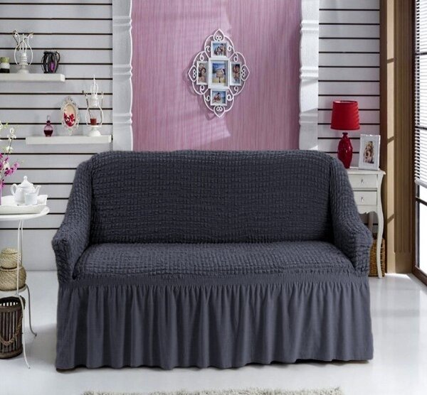 Husă canapea 2 locuri elastică, universală 140–180 cm, cu baghete de fixare, Gri