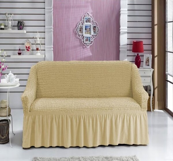Husă canapea 2 locuri elastică, universală 140–180 cm, cu baghete de fixare, Bej