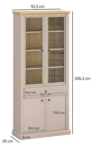 Vitrina IDELLO, taupe/stejar, PAL laminat, cu iluminare LED, 93x39x206