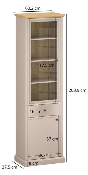 Vitrina IDELLO, taupe/stejar, PAL laminat, cu iluminare LED, 60x38x204