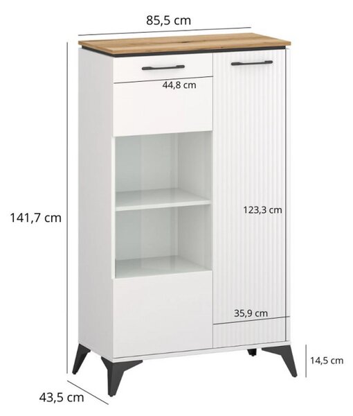Vitrina VELUTTO, alb/stejar, PAL, cu iluminare LED, 86x44x142 cm