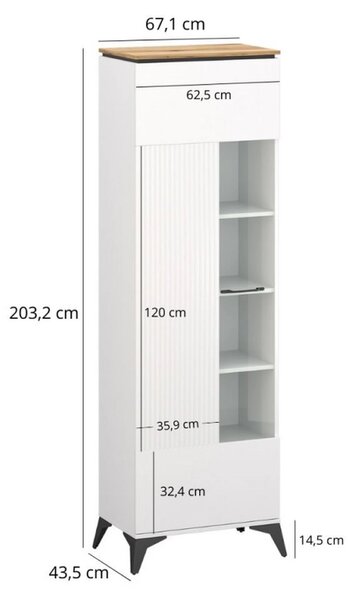 Vitrina VELUTTO, alb/stejar, PAL, cu iluminare LED, 67x44x203 cm