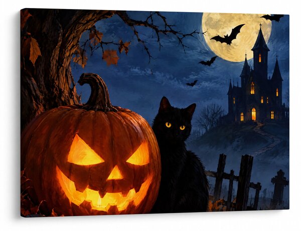 Tablou - Pisică neagră lângă un dovleac luminat de Halloween (70x50 cm)