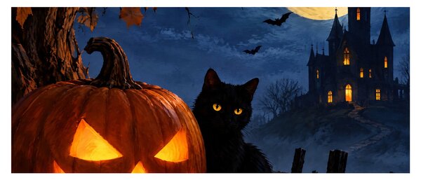 Tablou - Pisică neagră lângă un dovleac luminat de Halloween (120x50 cm)
