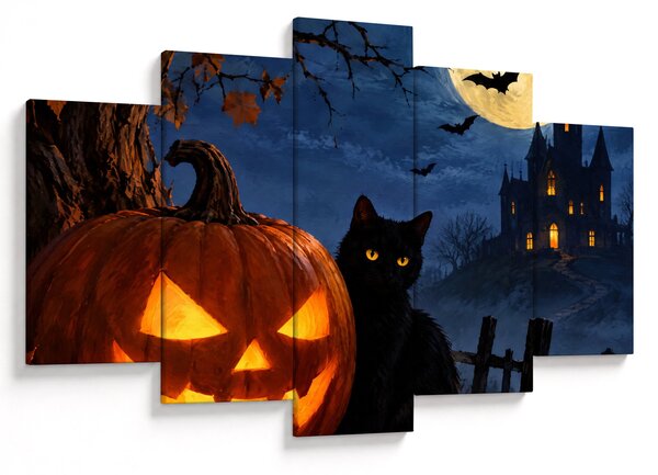 XXL Tablou - Pisică neagră lângă un dovleac luminat de Halloween (150x105 cm)