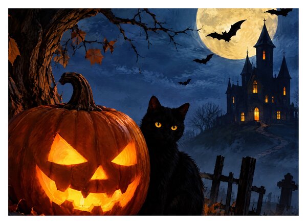 Tablou - Pisică neagră lângă un dovleac luminat de Halloween (70x50 cm)