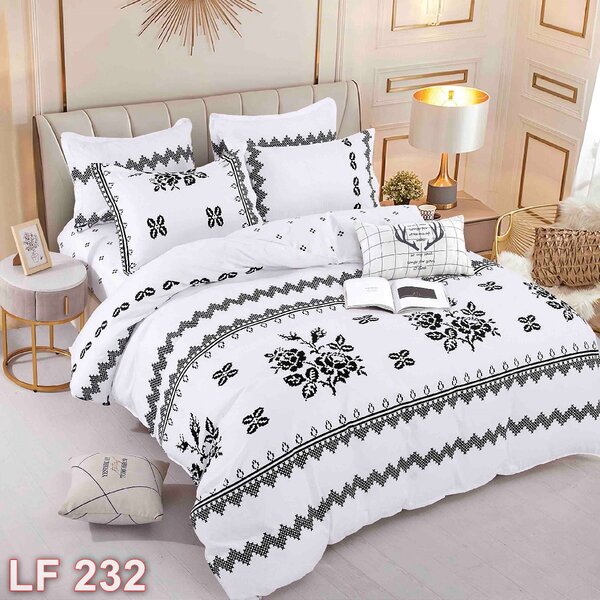 Lenjerie de pat 2 persoane, finet, 6 piese, alb si negru, imprimeu traditional, LF232
