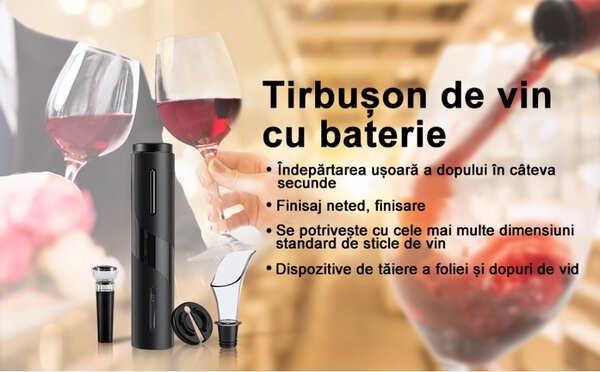 Tirbuson Electric pentru Vin, Set Complet Negru cu Aerator, Dop Vid și Tăietor Folie