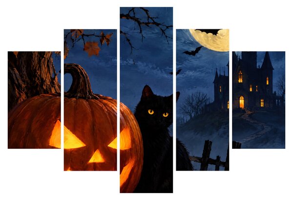 XXL Tablou - Pisică neagră lângă un dovleac luminat de Halloween (150x105 cm)