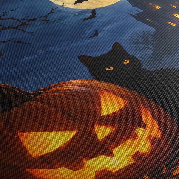 Tablou - Pisică neagră lângă un dovleac luminat de Halloween (120x50 cm)