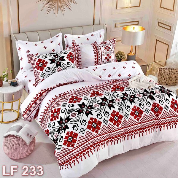 Lenjerie de pat, 2 persoane, finet, 6 piese, alb , cu imprimeu traditional, LF233