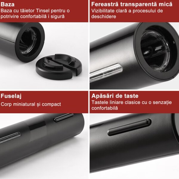 Tirbuson Electric pentru Vin, Set Complet Negru cu Aerator, Dop Vid și Tăietor Folie