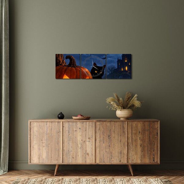 Tablou - Pisică neagră lângă un dovleac luminat de Halloween (cu ceas) (90x30 cm)