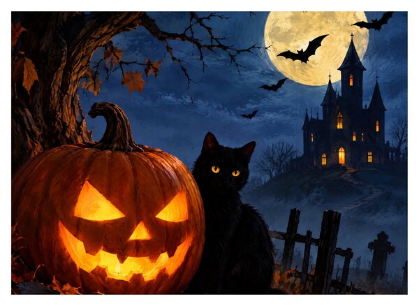 Tablou pe sticlă - Pisică neagră lângă un dovleac luminat de Halloween (70x50 cm)