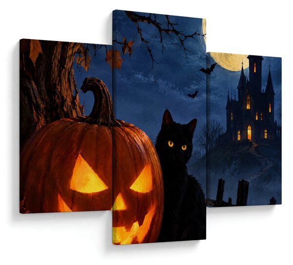 Tablou - Pisică neagră lângă un dovleac luminat de Halloween (90x60 cm)