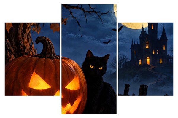 Tablou - Pisică neagră lângă un dovleac luminat de Halloween (90x60 cm)