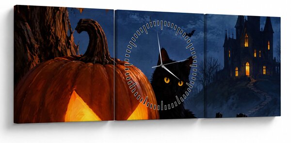 Tablou - Pisică neagră lângă un dovleac luminat de Halloween (cu ceas) (90x30 cm)