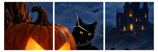 Tablou - Pisică neagră lângă un dovleac luminat de Halloween (cu ceas) (90x30 cm)