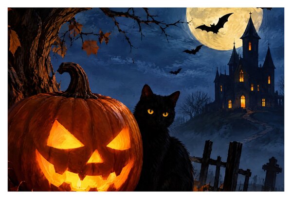 Tablou - Pisică neagră lângă un dovleac luminat de Halloween (90x60 cm)