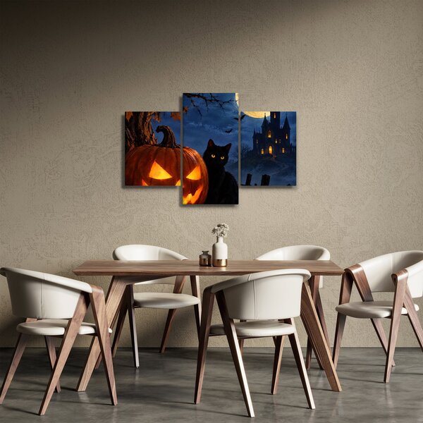 Tablou - Pisică neagră lângă un dovleac luminat de Halloween (90x60 cm)