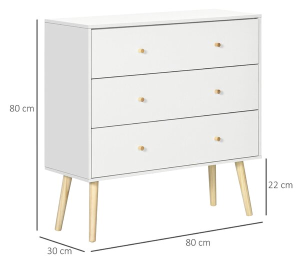 Comoda cu 3 sertare cu manere din PAL si lemn de pin pentru camera de zi si dormitor, 80x30x80 cm, alb HOMCOM | Aosom Romania