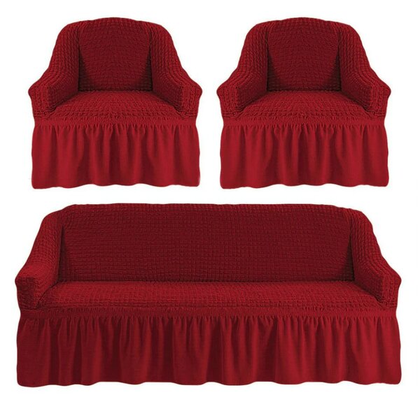 Set Huse Elastice, Canapea 3 Locuri + 2 Fotolii, Creponate, Bordo