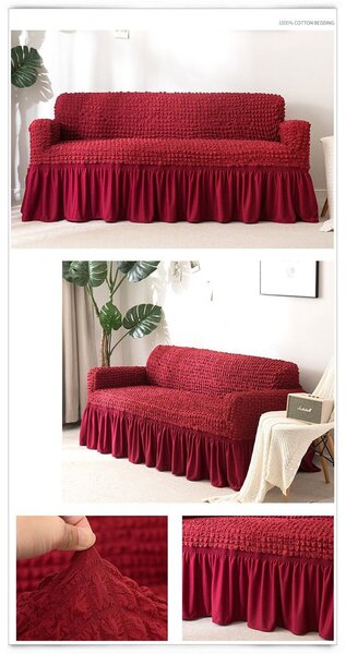 Set Huse Elastice, Canapea 3 Locuri + 2 Fotolii, Creponate, Bordo