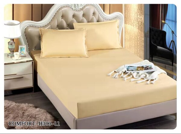 Husă de pat cu elastic (Cearceaf) + 2 Fețe de Pernă, Bumbac Frotir Stretch, 180x 200 cm, Crem