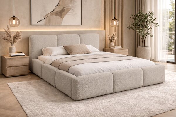 Pat tapițat Marios 180x200 cu ladă depozitare - bej boucle Quelle 03