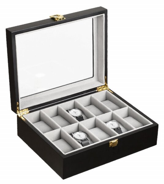 Cutie caseta din lemn pentru depozitare si organizare 10 ceasuri, model Pufo Premium, negru