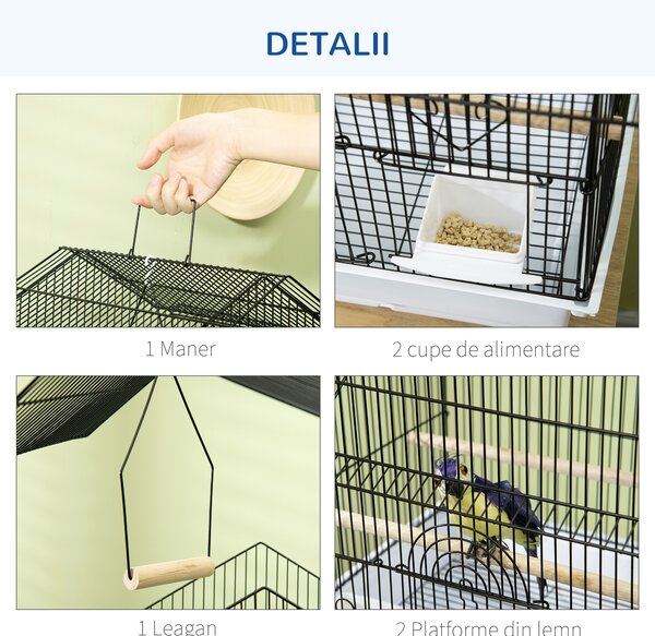 PawHut Cusca pentru Păsări din Metal și Plastic, cu Mâner de Transport și Tavă Detașabilă, Alb, 50.5x41x63 cm | Aosom Romania