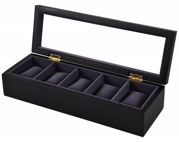 Cutie caseta eleganta din lemn pentru depozitare si organizare 5 ceasuri, model Pufo Gentle cu interior si pernute de catifea, negru