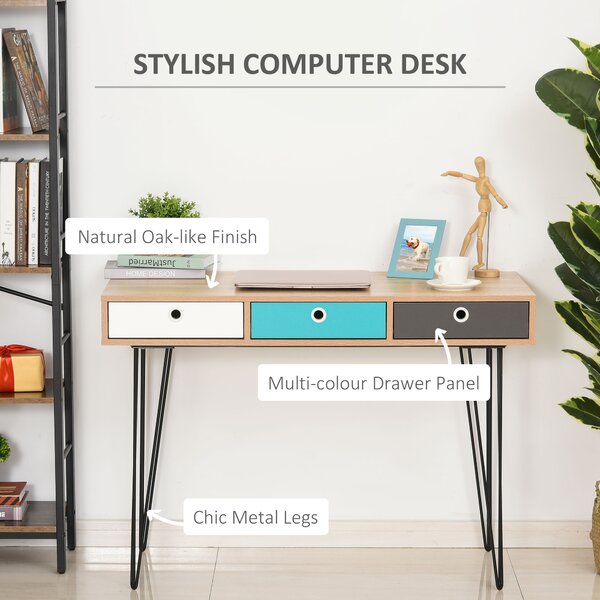 HOMCOM Birou Stil Nordic 3 Sertare, Design Minimalist Funcțional, Alb, 110x50x77.5cm | Aosom Romania