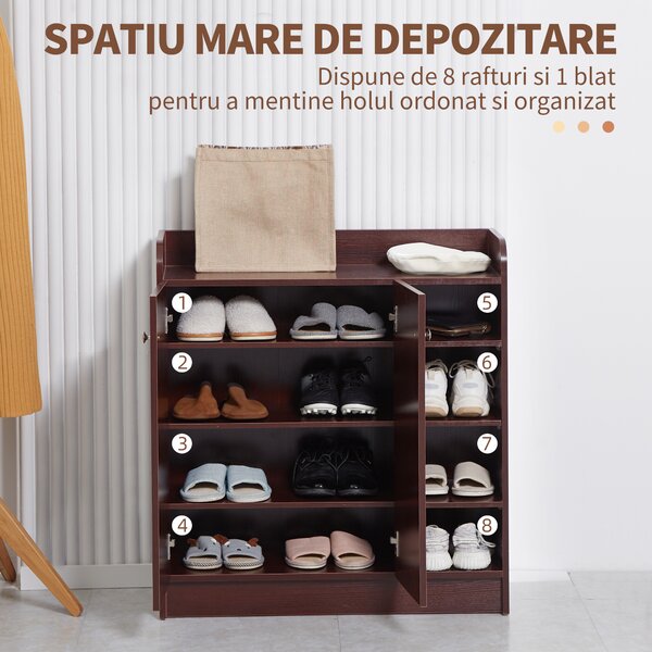Dulap de pantofi din lemn pentru 12 perechi de pantofi cu 4 rafturi deschise, 83x30x90 cm, culoare cafea HOMCOM | Aosom Romania