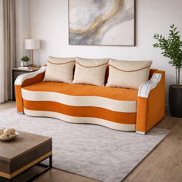 Canapea DIANA extensibila, 3 locuri, cu lada de depozitare, catifea crem cu portocaliu , 220x100x80 Portocaliu + Crem, Catifea