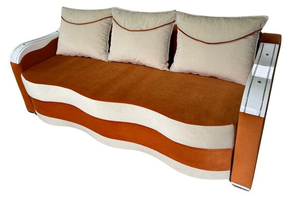 Canapea DIANA extensibila, 3 locuri, cu lada de depozitare, catifea crem cu portocaliu , 220x100x80 Portocaliu + Crem, Catifea