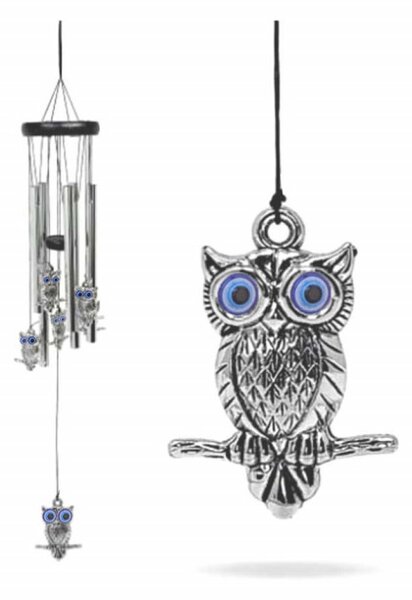Clopotel de vant cu 5 tuburi sonore metalice pentru casa sau gradina, model Feng-Shui cu 6 bufnite, Pufo