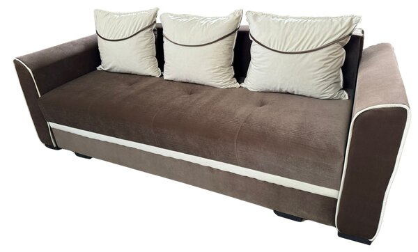 Canapea LILI extensibila, 3 locuri, cu lada de depozitare, catifea maro + crem , 220x95x80 Maro + Crem, Catifea